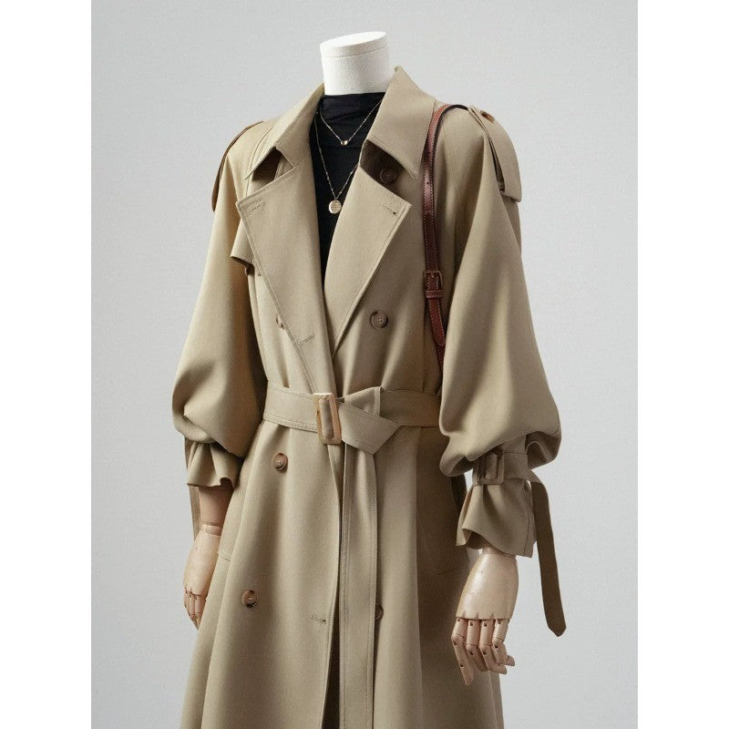 Women Double-breasted Trench Coat with Waist Belt and Balloon Sleeves Mune Fashion