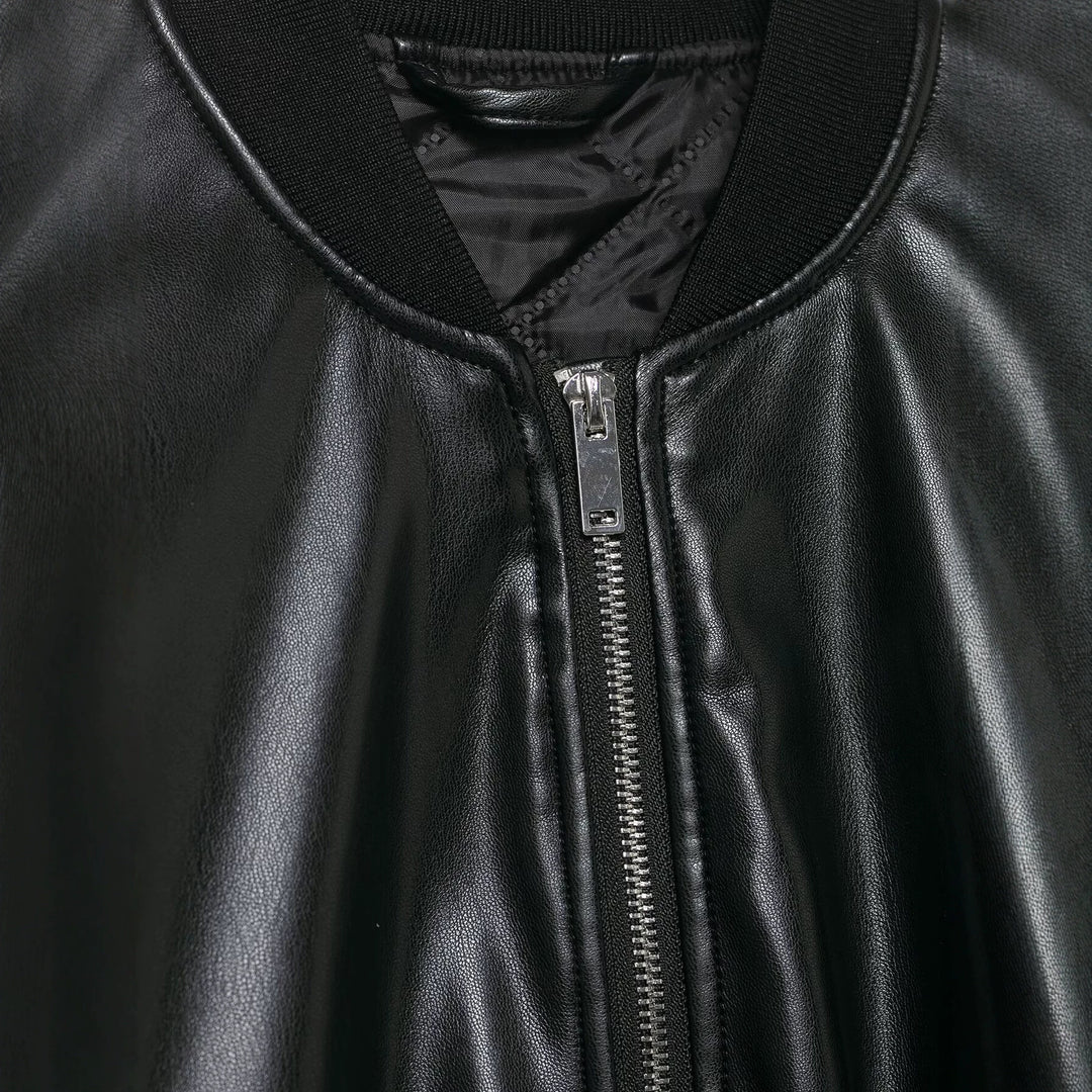 Women's Cropped Biker Bomber Jacket made of faux leather with ribbed cuffs and patch pockets Mune Fashion