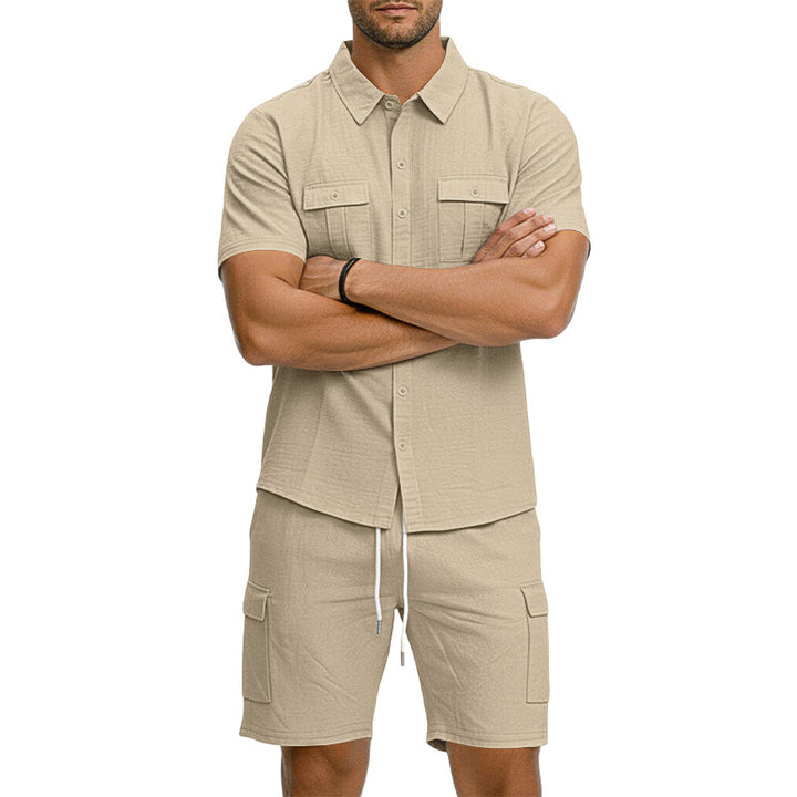 Men's summer short-sleeve shirt and cargo bermuda set made of linen blend with chest pockets and drawstring waistband Mune Fashion