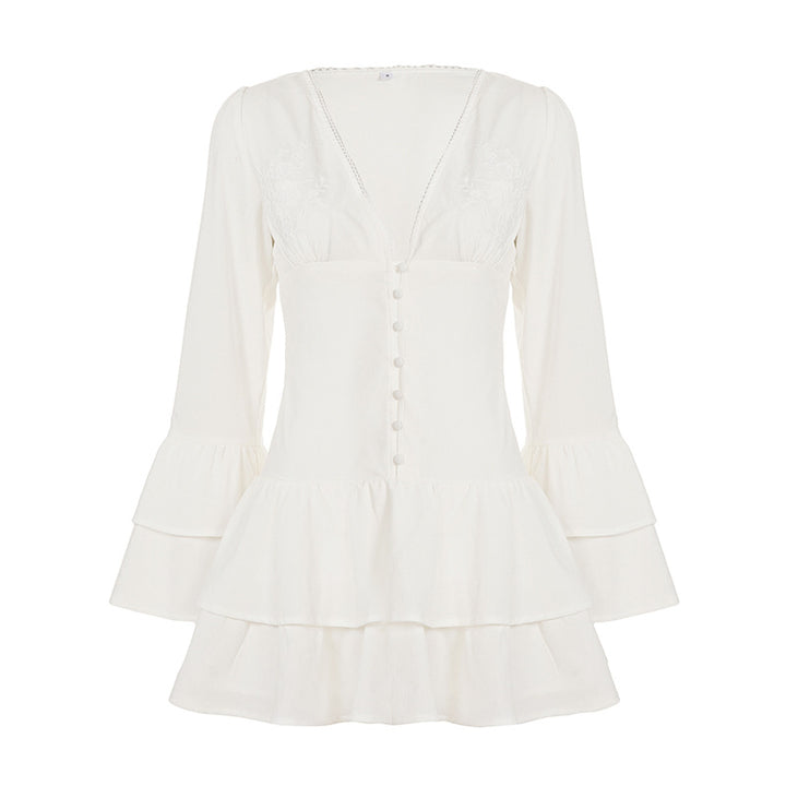 Women's layered ruffle tunic with deep V-neck, button placket, and embroidered chest Mune Fashion