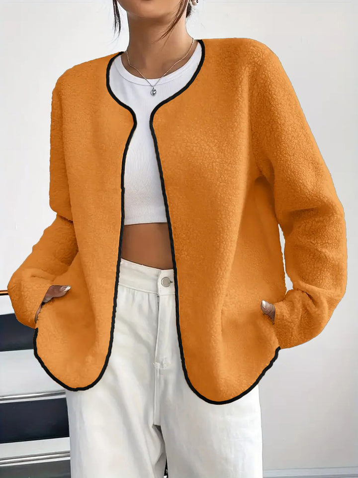 Women's Short Jacket Teddy Fleece Cardigan without Closure with Round Neck Drune
