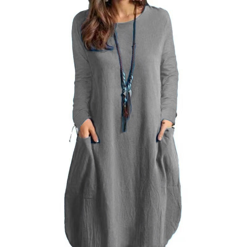 Women's Long A-Line Linen Look Dress with Pockets and Round Neckline Drune