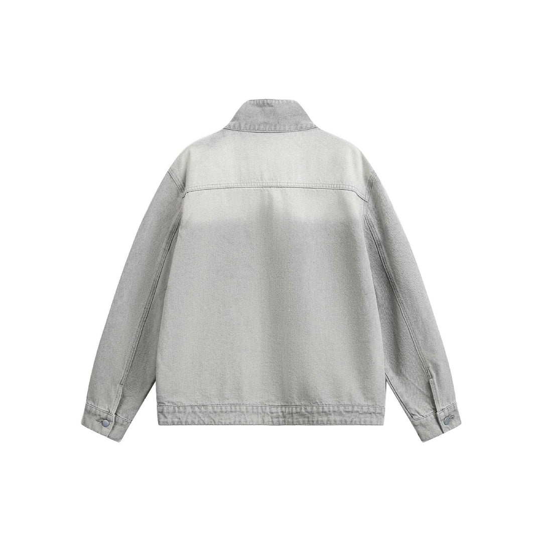 Unisex Boxy Denim Jacket with asymmetrical snap button placket and high stand-up collar Mune Fashion