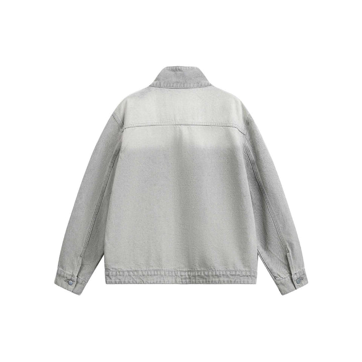 Unisex Boxy Denim Jacket with asymmetrical snap button placket and high stand-up collar Mune Fashion