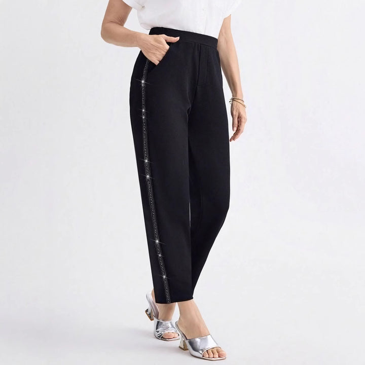 Women Elegant straight-cut fabric pants with elastic waistband and side glitter trim Mune Fashion