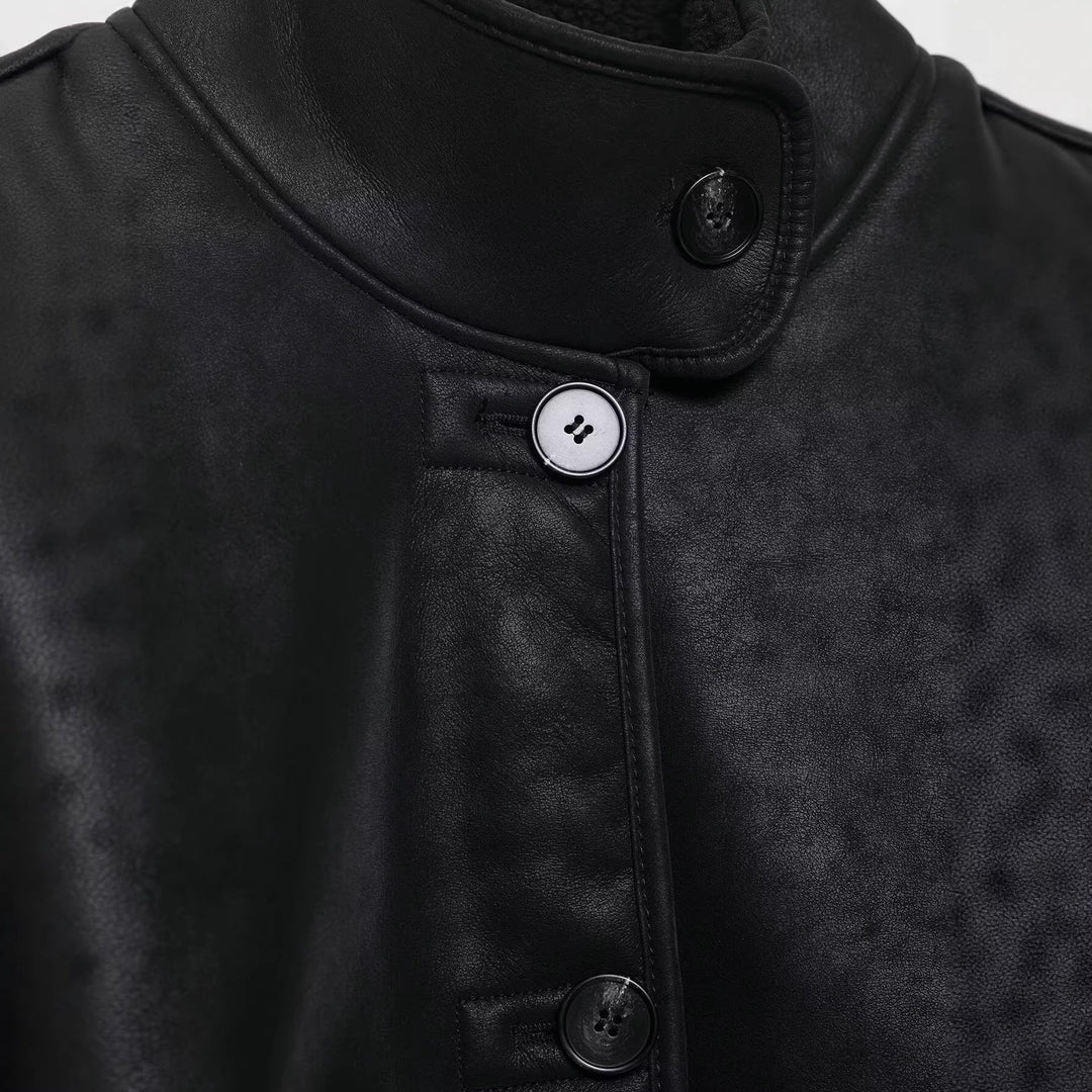 WomenShort Cut Faux Leather Jacket with Teddy Lining, Stand Collar and Button Closure Mune Fashion