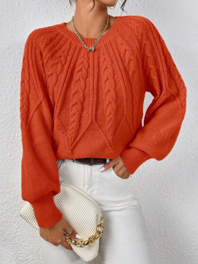 Women's short cable knit sweater with balloon sleeves and ribbed hem Mune Fashion