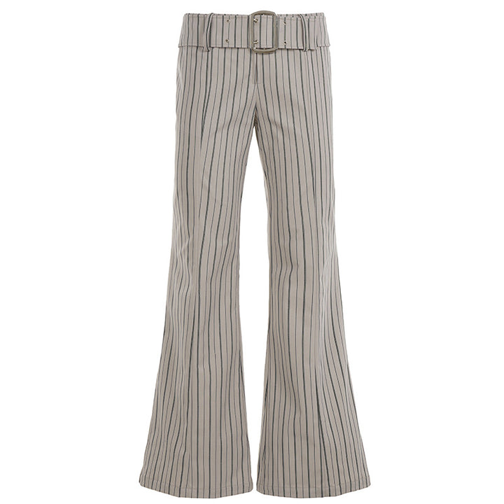 Women’s high-waisted pinstripe flared trousers with wide tie belt and figure-enhancing crease Mune Fashion