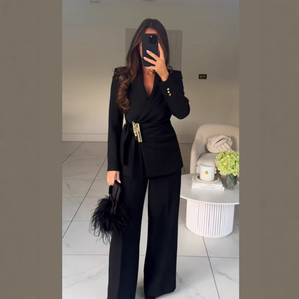 Women's Tailored Wrap Blazer with Decorative Metal Buckle & High-Waist Palazzo Pants Mune Fashion