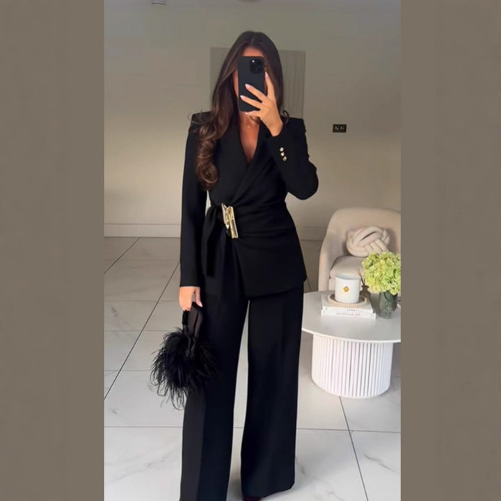 Women's Tailored Wrap Blazer with Decorative Metal Buckle & High-Waist Palazzo Pants Mune Fashion