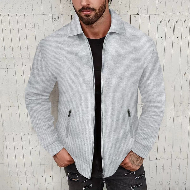 Men's nano minimalist stand collar fine knit transitional jacket with two-way zipper and concealed zip pockets Mune Fashion