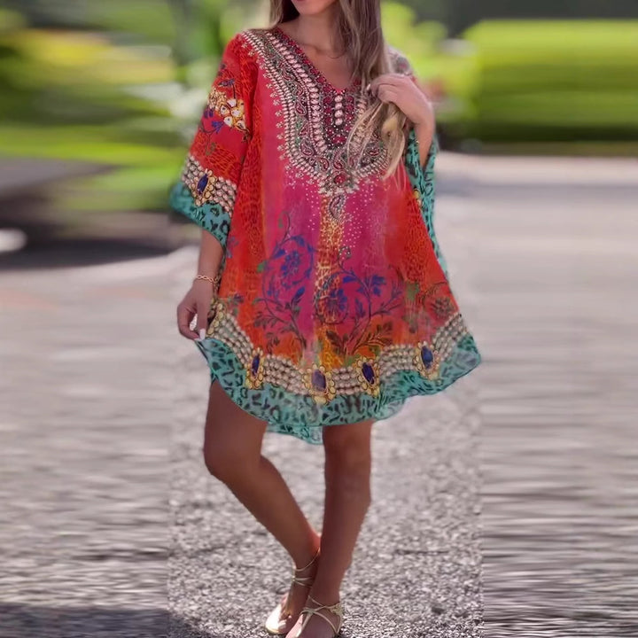 Women's short tunic kaftan with embellished V-neck and floral-animal border Mune Fashion
