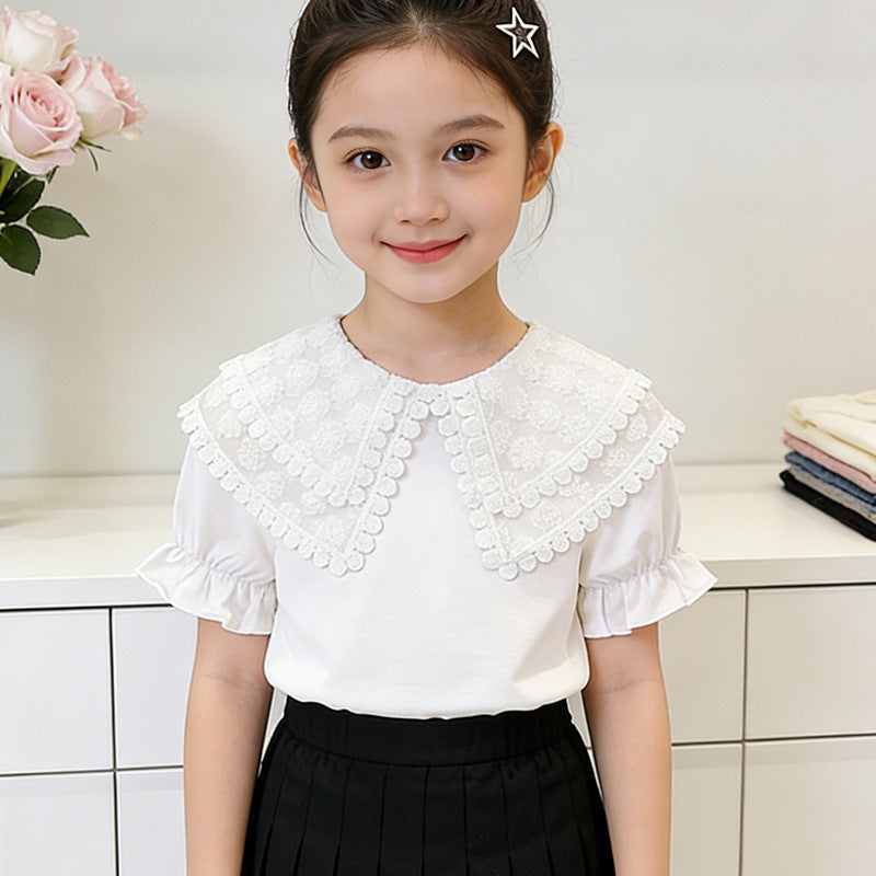 Girls T-shirt with romantic lace collar and ruffle details Mune Fashion