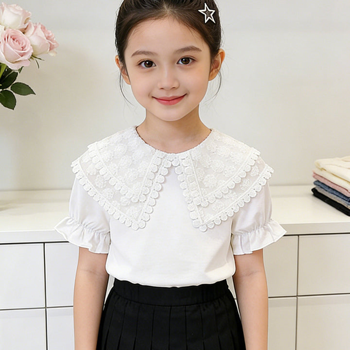 Girls T-shirt with romantic lace collar and ruffle details Mune Fashion