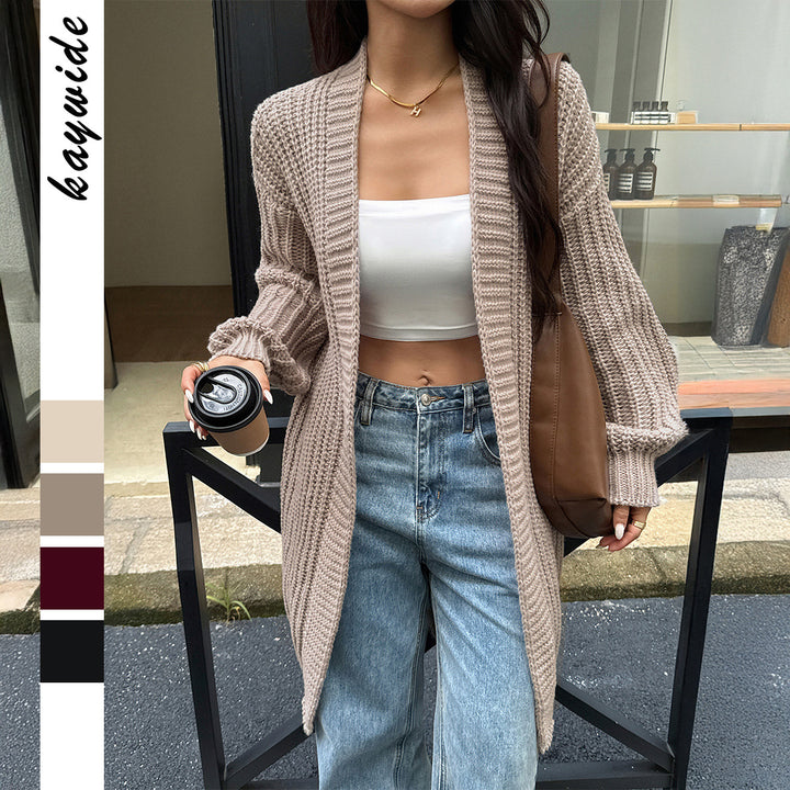 Women's long chunky knit cardigan with open front and balloon sleeves Mune Fashion