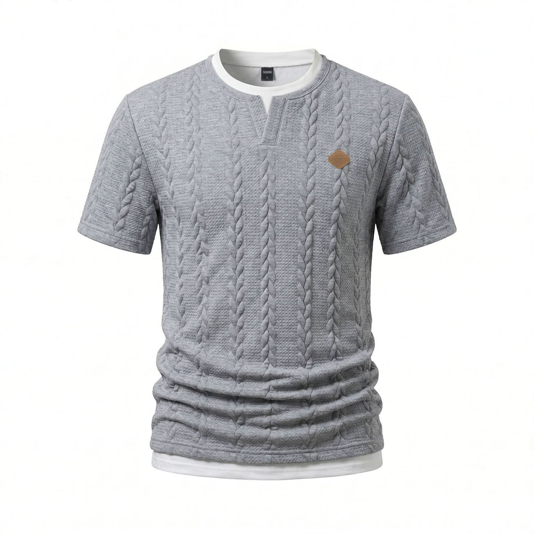 Men's textured short-sleeve shirt with embossed braid structure, V-insert at the round neck and layered look Mune Fashion