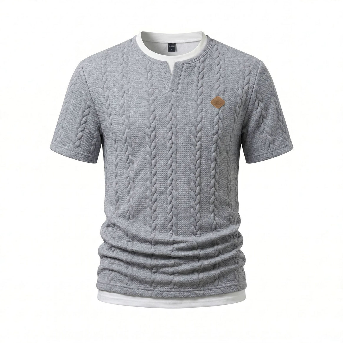 Men's textured short-sleeve shirt with embossed braid structure, V-insert at the round neck and layered look Mune Fashion