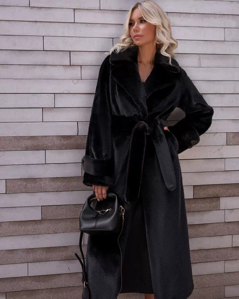 Women Elegant Maxi Wool Coat with Waist Belt, Wide Lapel and Roll-Up Cuffs Mune Fashion