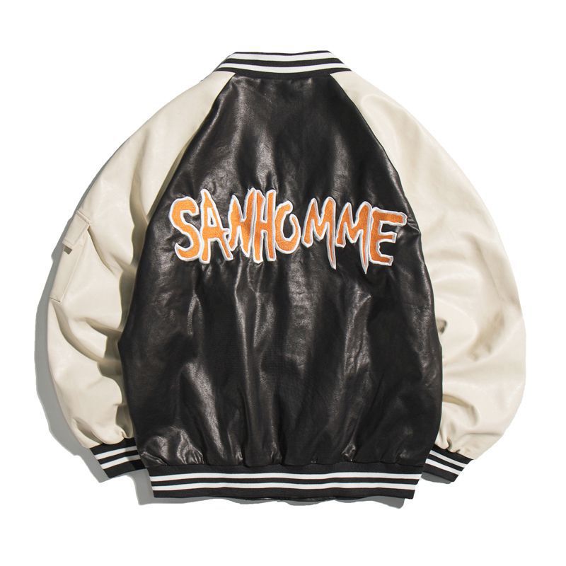 Men's collegiate bomber jacket in varsity style made of faux leather with contrast sleeves and ribbed cuffs Mune Fashion