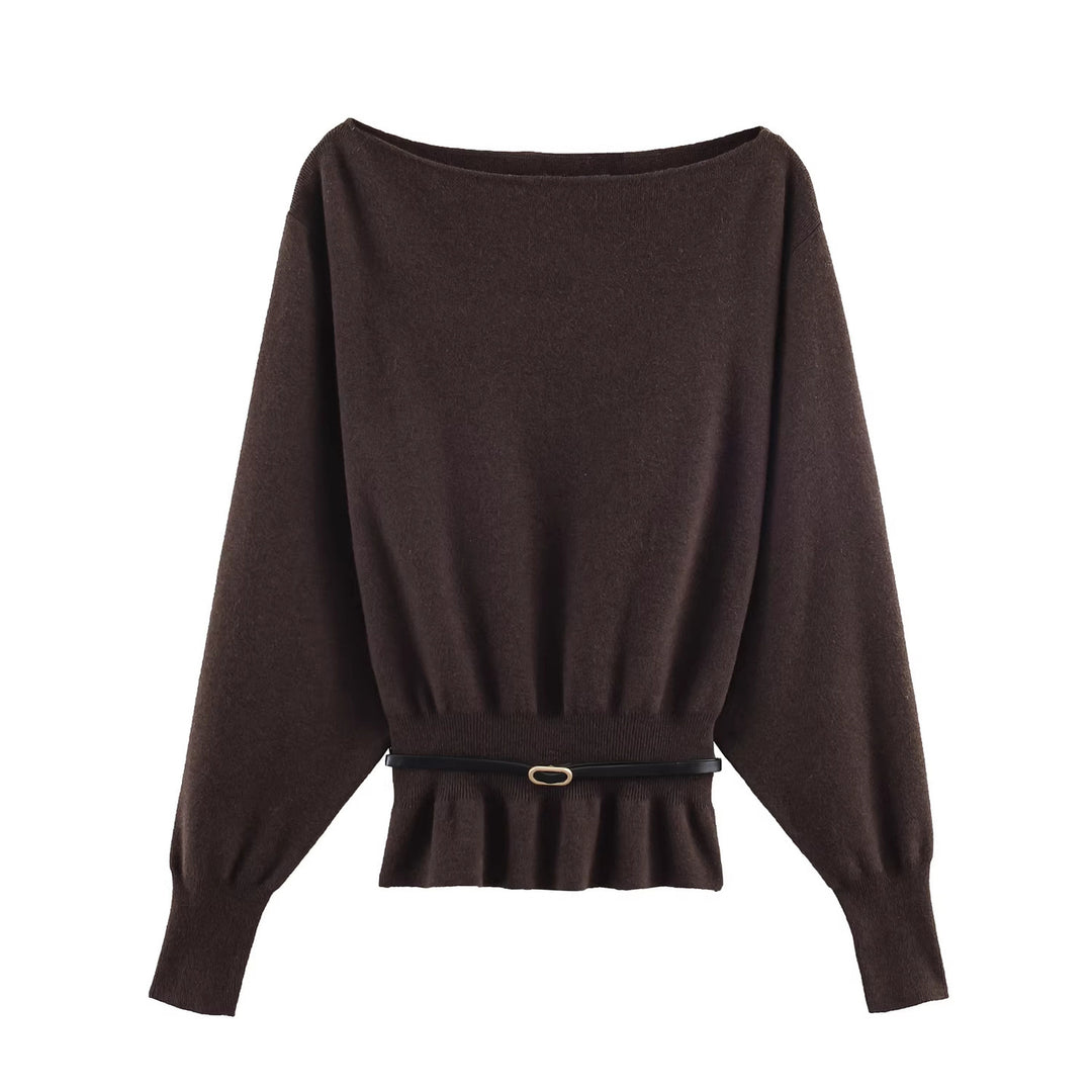 Women's Oversized Knit Sweater with Boat Neck, Batwing Sleeves, Gathered Ribbed Hem, and Waist Belt Mune Fashion