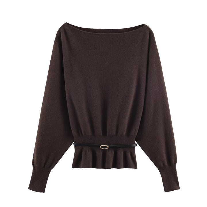 Women's Oversized Knit Sweater with Boat Neck, Batwing Sleeves, Gathered Ribbed Hem, and Waist Belt Mune Fashion