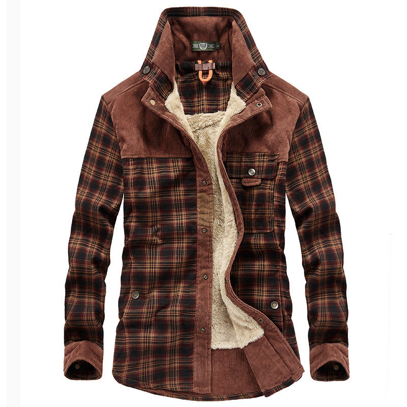 Men's checkered shirt jacket with teddy lining, corduroy trim and high stand-up collar Mune Fashion