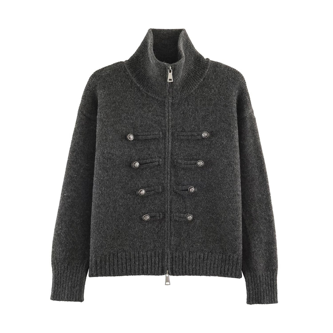 Women's cardigan with zipper, high stand-up collar, and decorative button plackets Mune Fashion