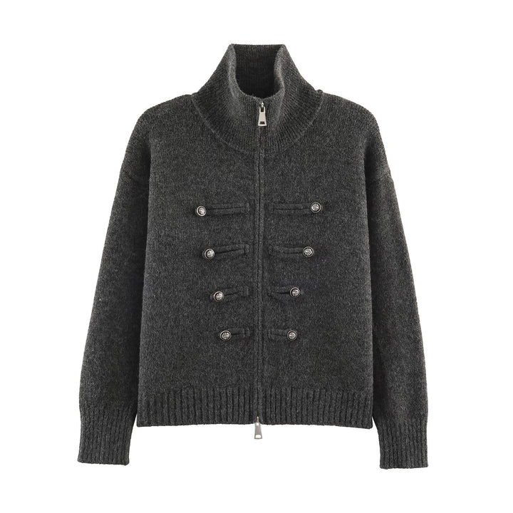 Women's cardigan with zipper, high stand-up collar, and decorative button plackets Mune Fashion