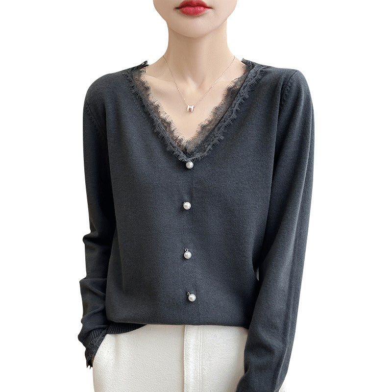 Women's Delicate V-Neck Fine Knit Cardigan with Floral Lace Edge and Bead Decoration Mune Fashion