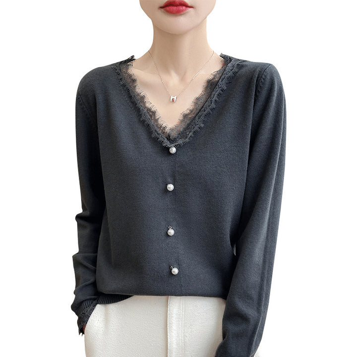 Women's Delicate V-Neck Fine Knit Cardigan with Floral Lace Edge and Bead Decoration Mune Fashion