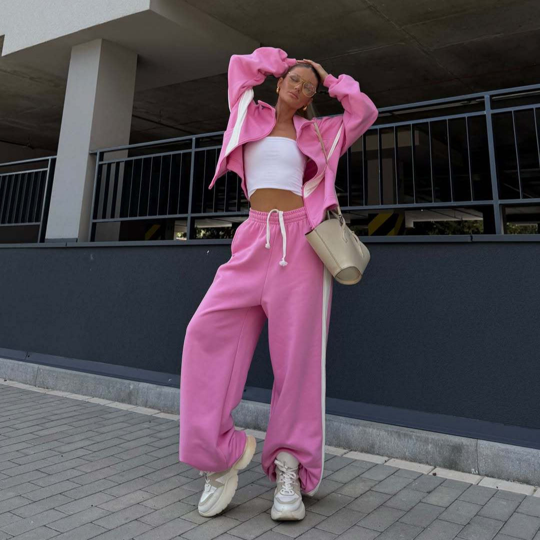 Women's Two-Piece Oversized Windbreaker Set with Contrast Stripes, Elastic Hem and Drawstring Pants Mune Fashion