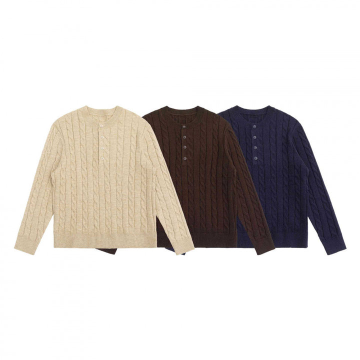 Unisex Chunky Knit Henley Sweater with Cable Pattern and Half Button Placket Mune Fashion