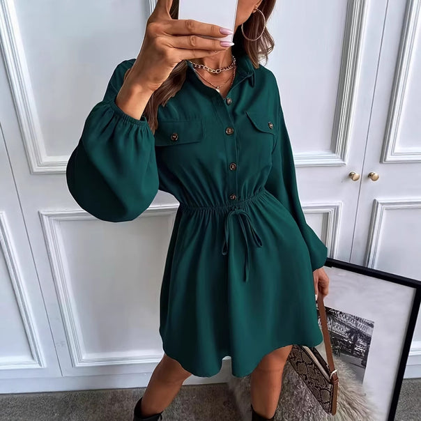 Women's Shirt Blouse Mini Dress with Drawstring Waistband, Patch Pockets and Balloon Sleeves Mune Fashion
