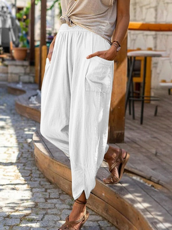 Women’s casual harem pants with elastic smock waistband, patch pockets, and gathered ankle cuffs Mune Fashion