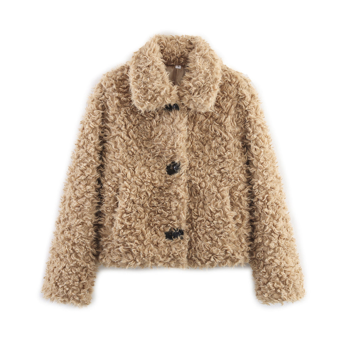 Women's short boucle teddy jacket with curly woven texture, shirt collar, and button closure Mune Fashion