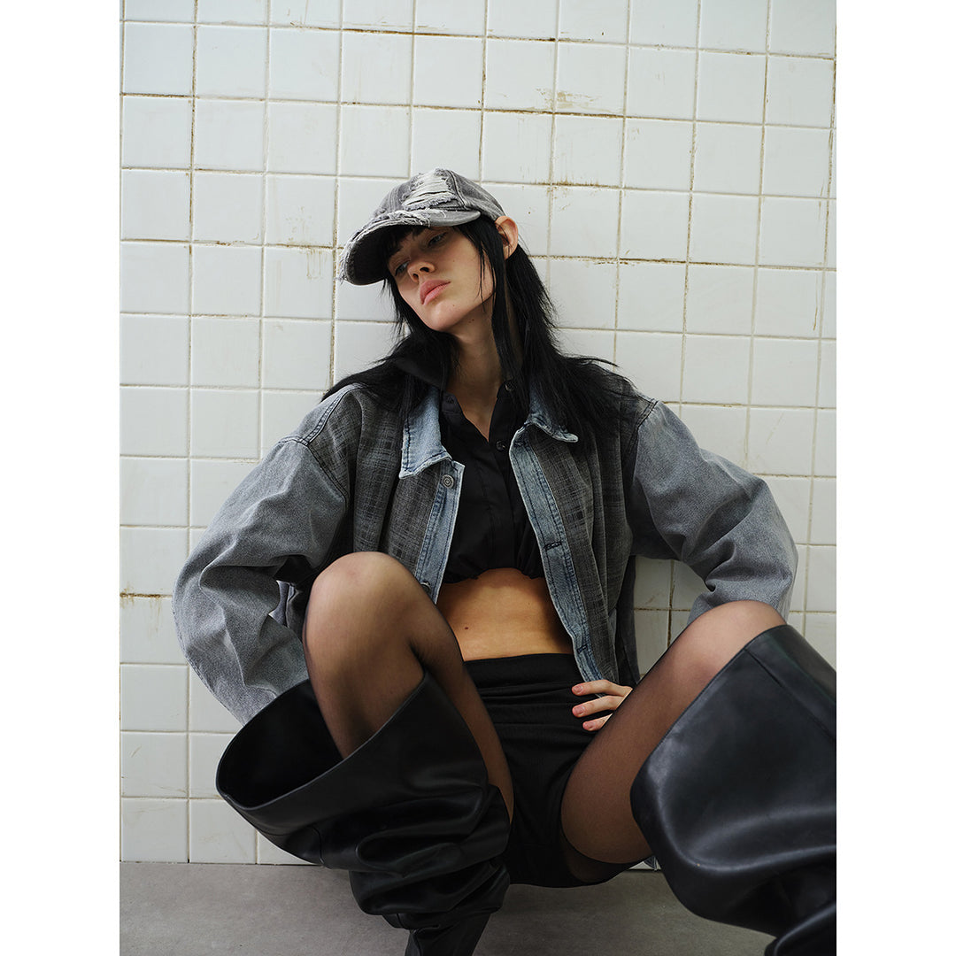 Unisex Boxy Denim Jacket with Checkered Front Panel, Contrasting Denim Sleeves and Snap Button Placket Mune Fashion