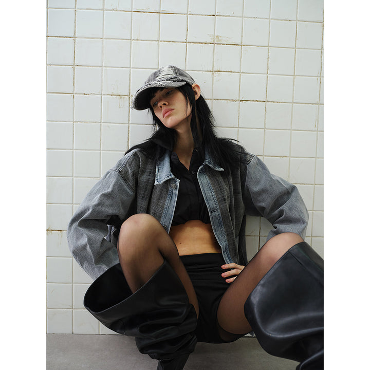 Unisex Boxy Denim Jacket with Checkered Front Panel, Contrasting Denim Sleeves and Snap Button Placket Mune Fashion