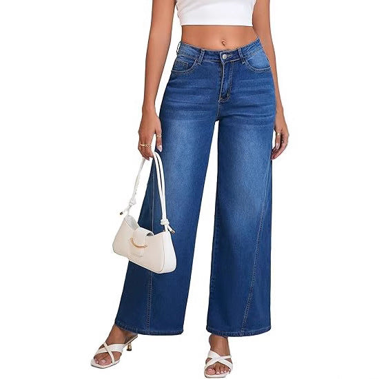 Women High-Waist Wide-Leg Jeans with High Waist and Casual Vintage Wash Mune Fashion
