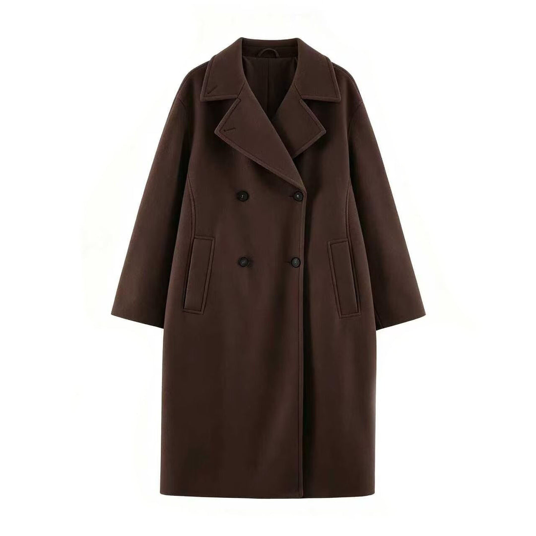 Women Mid-Length Wool Blend Double-Breasted Coat with Wide Lapels and Side Pockets Mune Fashion