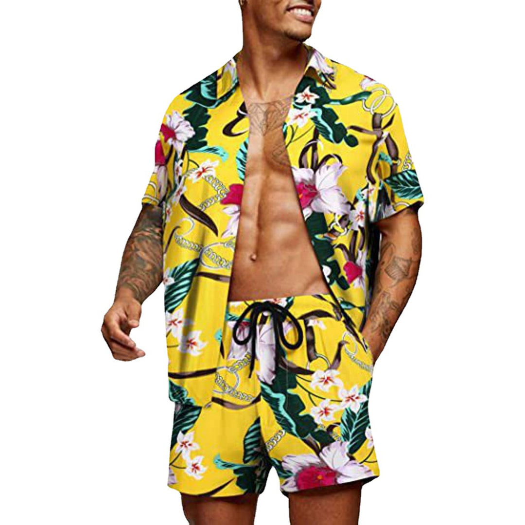 Men's tropical short sleeve shirt and swim shorts set with lapel collar, drawstring, and practical side pockets Mune Fashion