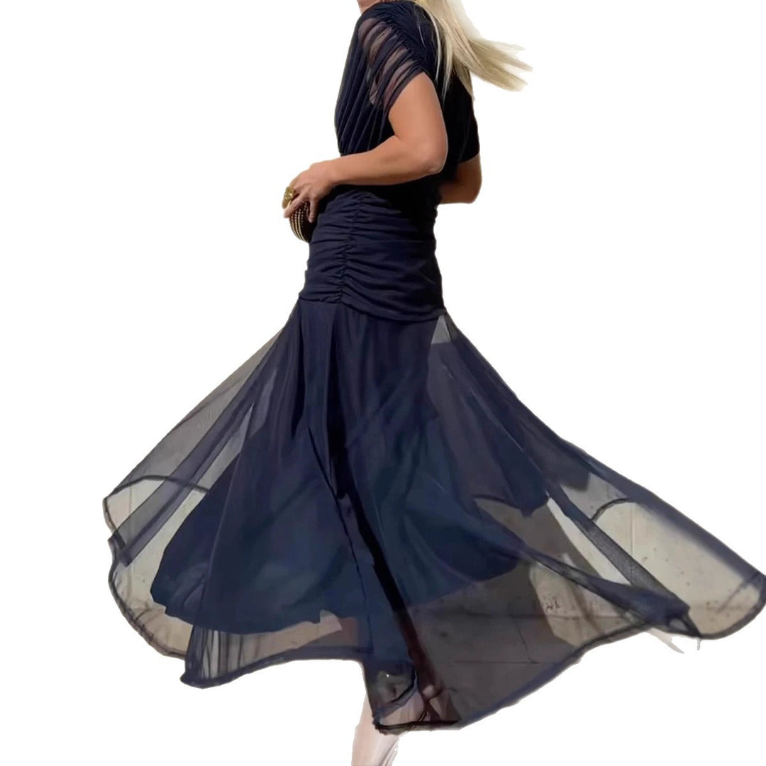 Ladies elegant floor-length evening dress with draped shoulder area and airy chiffon skirt Mune Fashion
