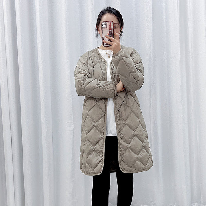 Women's Elegant Long Coat in Quilted Down Look with Diamond Quilting and Concealed Snap Button Placket Mune Fashion