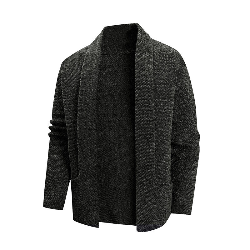 Men's open knit coat with wide falling shawl collar and patch hip pockets Mune Fashion