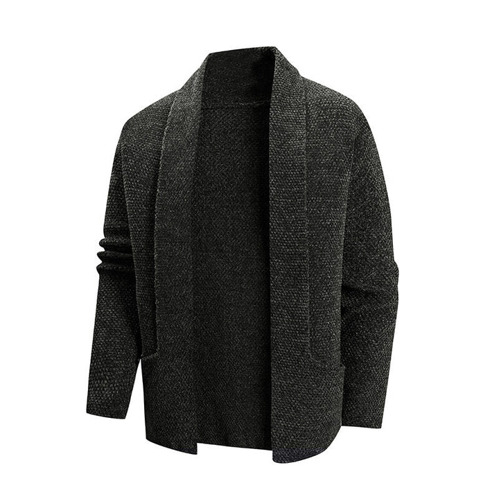 Men's open knit coat with wide falling shawl collar and patch hip pockets Mune Fashion
