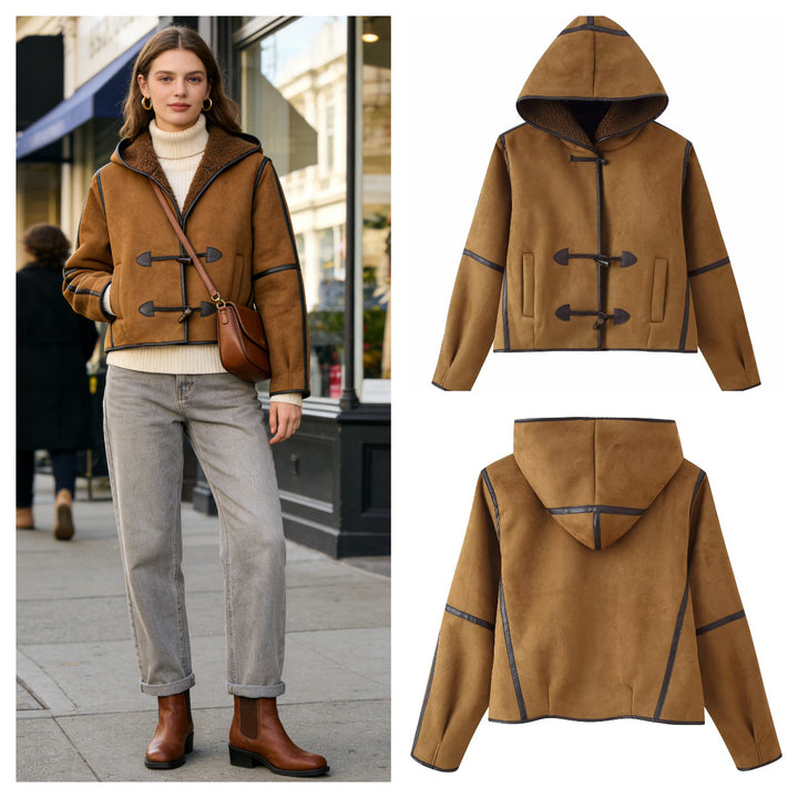 Women's Short Hooded Sheepskin Imitation Duffle Jacket with Toggle Fastenings Mune Fashion