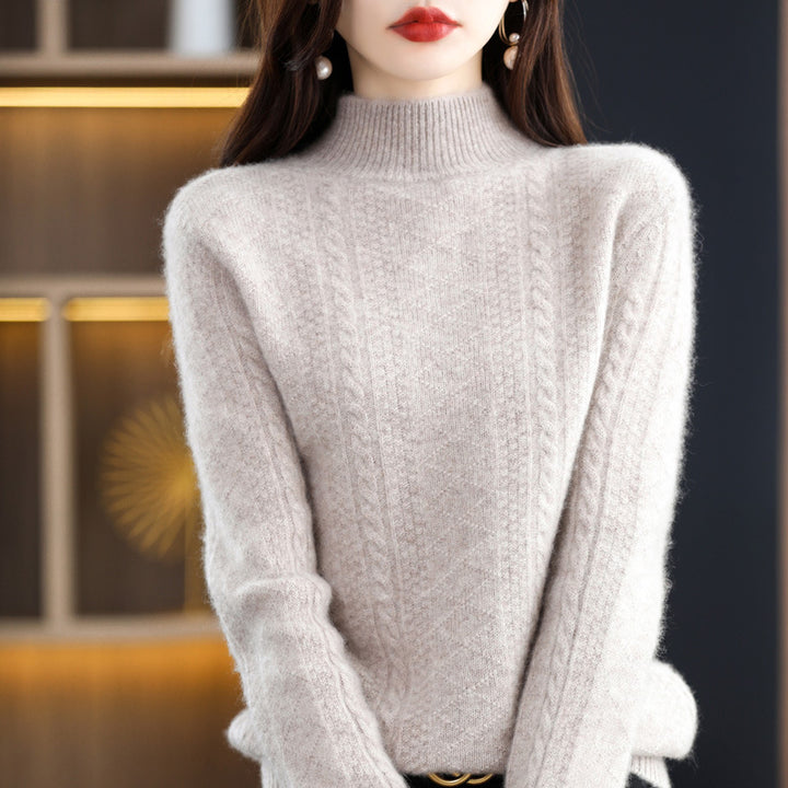 Women's Soft Mohair-Look Mockneck Sweater with Cable Pattern and Fine Ribbed Collar Mune Fashion