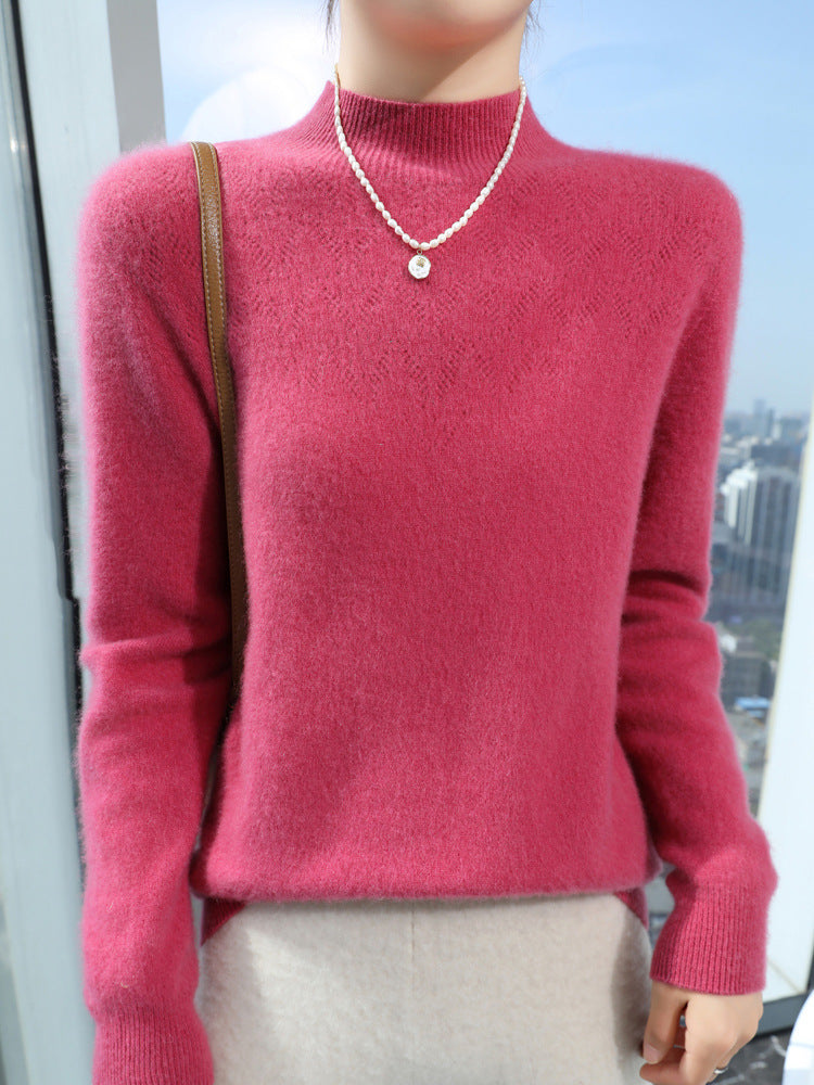 Women Slim Minimalist Stand Collar Fine Knit Sweater with Ribbed Neck Mune Fashion