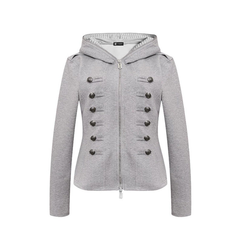 Women's fitted hooded sweat jacket with decorative double row and metal buttons Mune Fashion