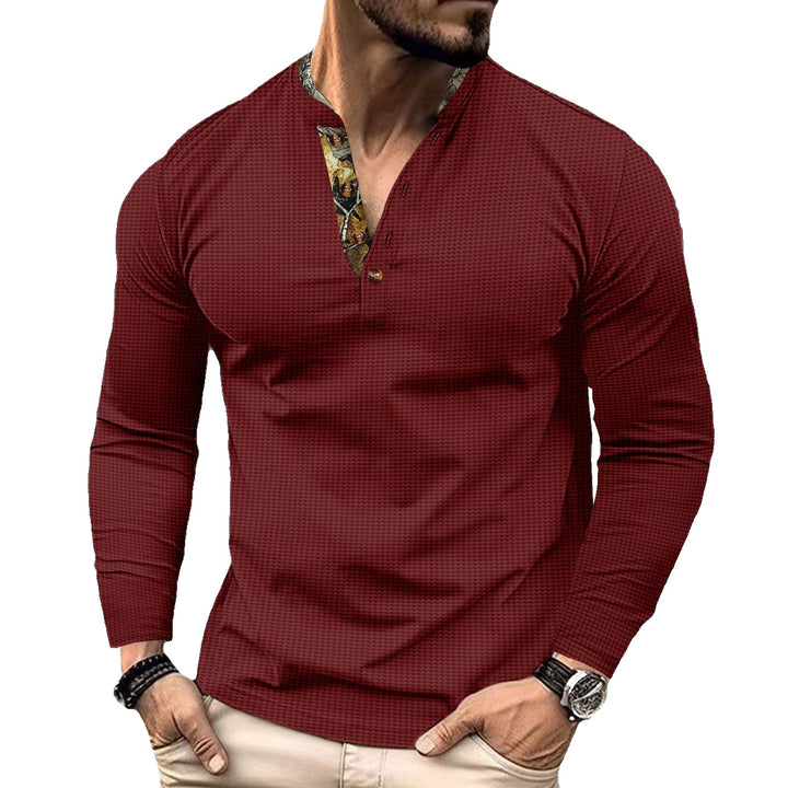 Men's long-sleeved Henley shirt with stand-up collar and patterned button placket trim Mune Fashion
