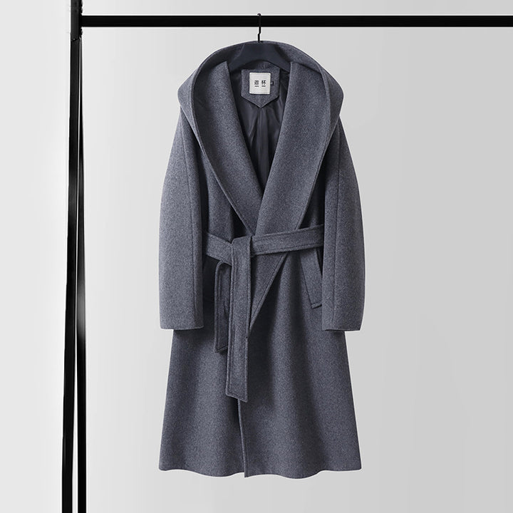 Men's maxi-length hooded coat made of wool blend with tie belt and boxy silhouette Mune Fashion